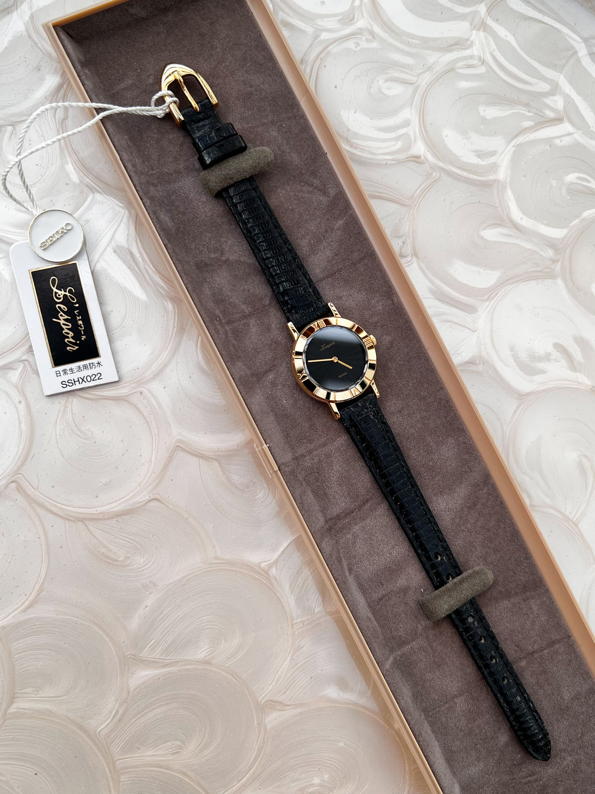 Seiko Lucent Black Patterned Dial Gold Tone Women's Watch — product photograph 3, Gilded Hour NZ.