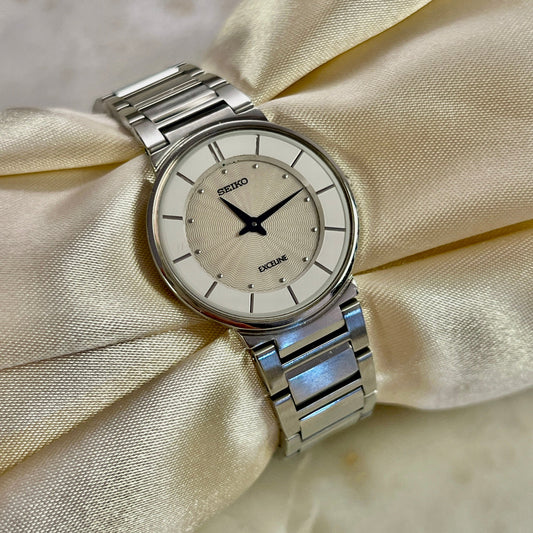 Seiko Guilloche Pattern White Dial Woman's Watch, dial close up of a vintage women's watch at Gilded Hour.