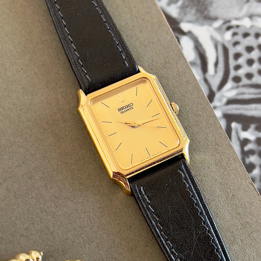 Seiko Tank Woman's Watch with Hirsch Camel Leather Strap, front view of a vintage women's watch at Gilded Hour.