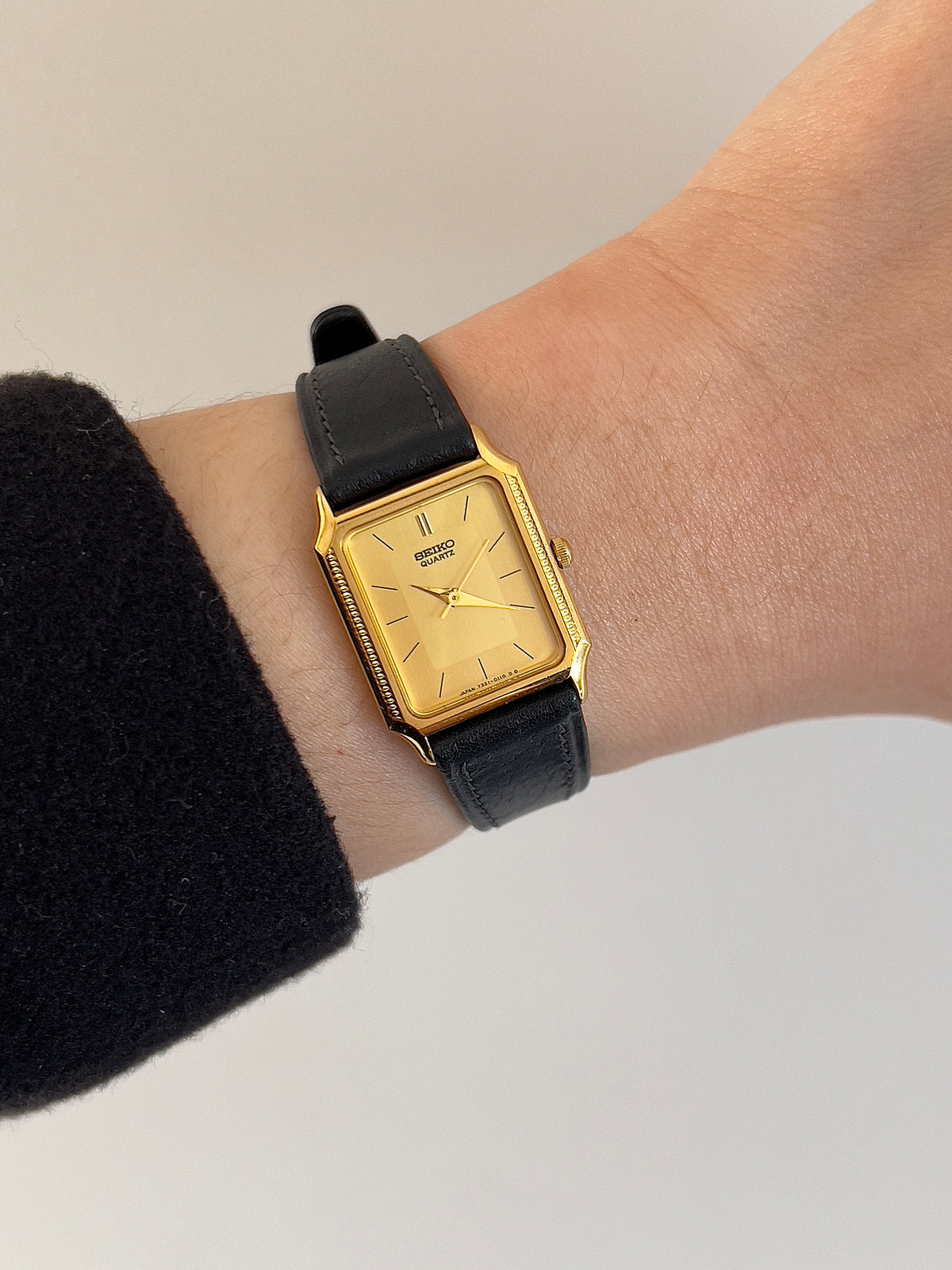 Seiko Gold Tone Tank Women's Watch with Hirsch Strap — product photograph 2, Gilded Hour NZ.