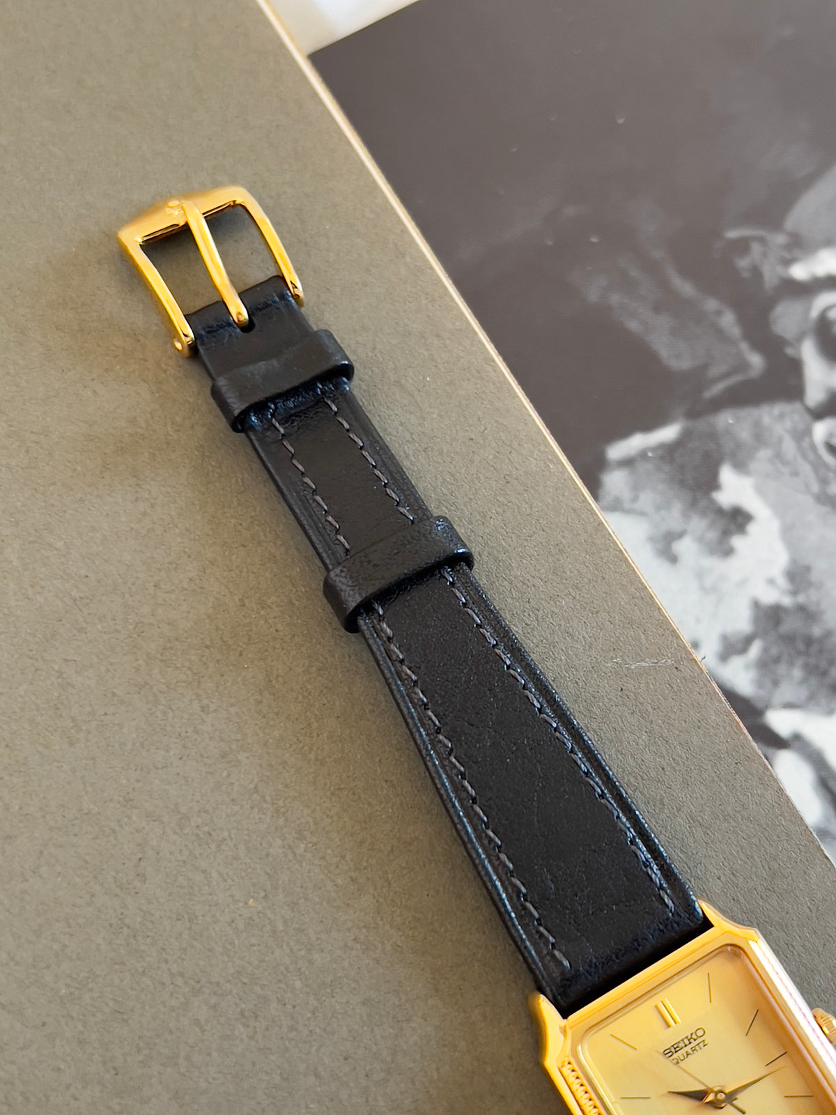 Seiko Gold Tone Tank Women's Watch with Hirsch Strap — product photograph 6, Gilded Hour NZ.