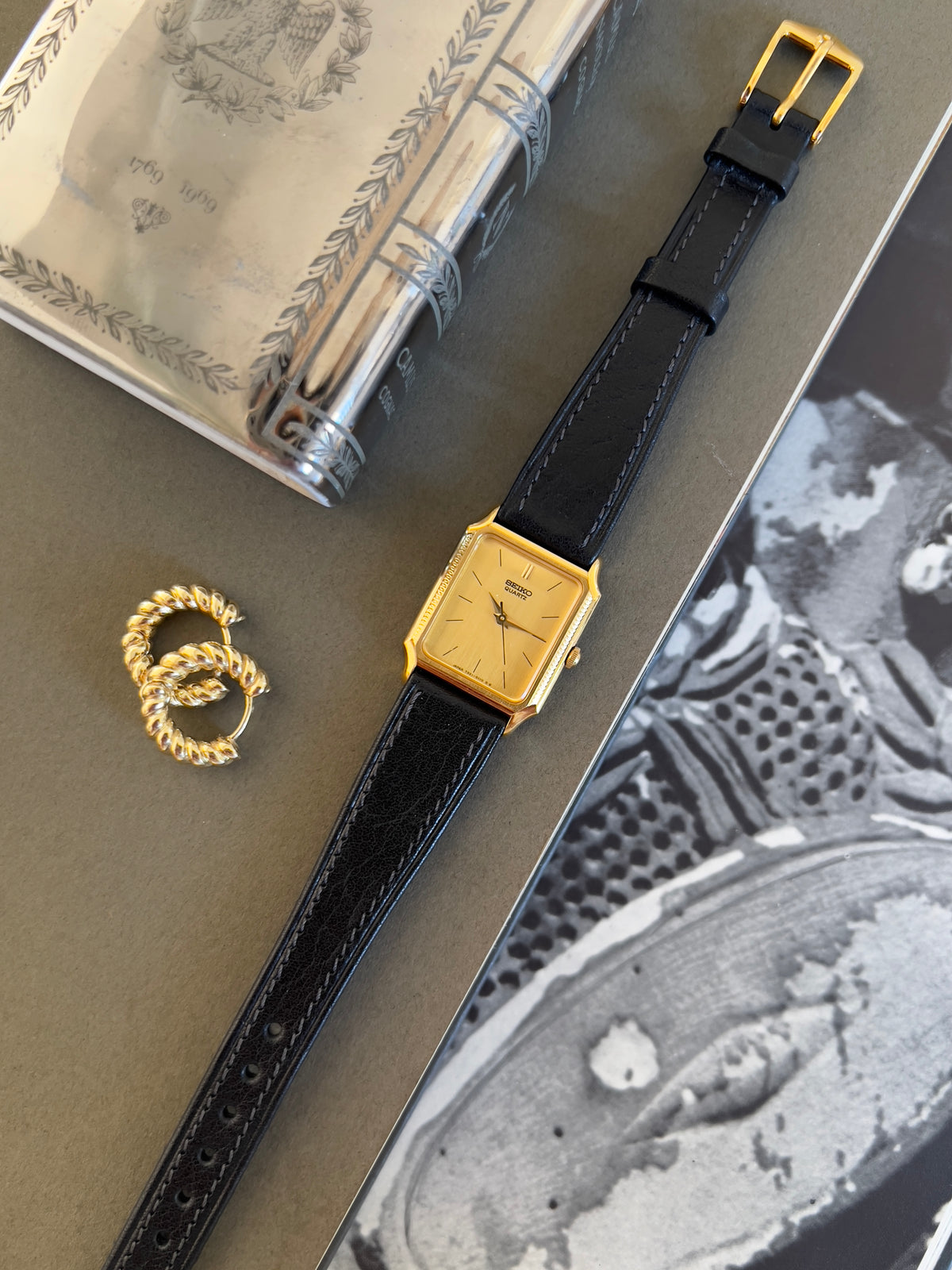 Seiko Gold Tone Tank Women's Watch with Hirsch Strap — product photograph 10, Gilded Hour NZ.
