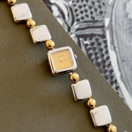 Seiko Mini Squares Woman's Watch with Two Toned Bracelet, angled view of a vintage women's watch at Gilded Hour.