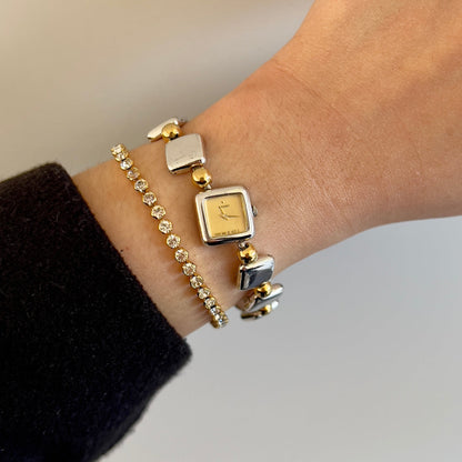 Seiko Mini Squares Woman's Watch with Two Toned Bracelet, dial close up of a vintage women's watch at Gilded Hour.