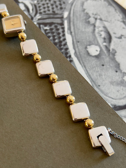 Seiko Mini Squares Woman's Watch with Two Toned Bracelet, case profile of a vintage women's watch at Gilded Hour.