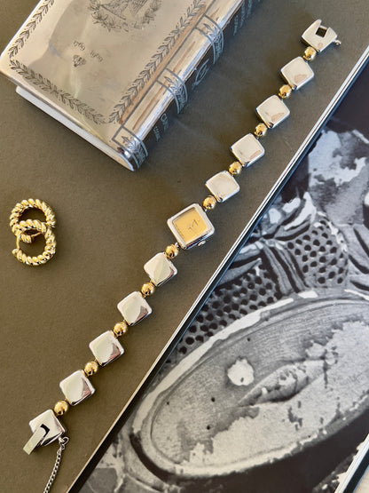 Seiko Mini Squares Woman's Watch with Two Toned Bracelet, bracelet detail of a vintage women's watch at Gilded Hour.