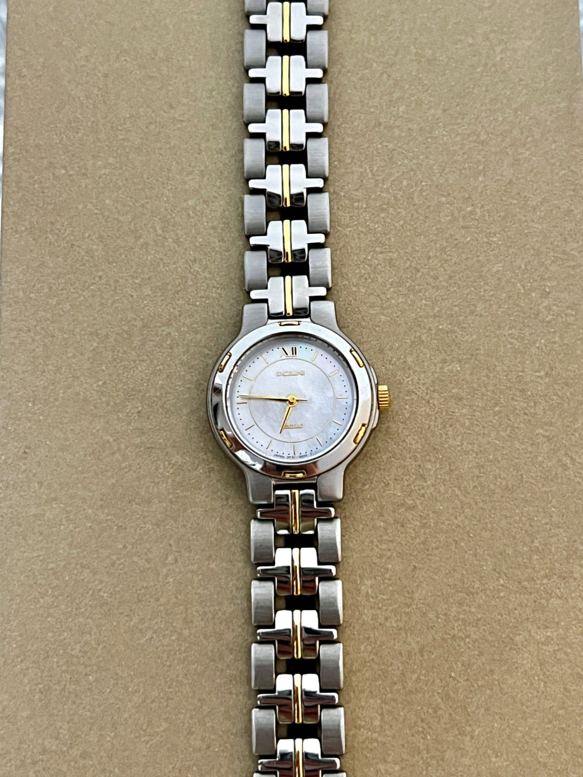 Seiko Exceline Bold Two Tone Woman's Watch with Pearl Dial, wrist shot of a vintage women's watch at Gilded Hour.