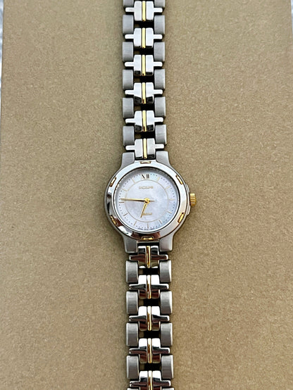 Seiko Exceline Bold Two Tone Woman's Watch with Pearl Dial, wrist shot of a vintage women's watch at Gilded Hour.