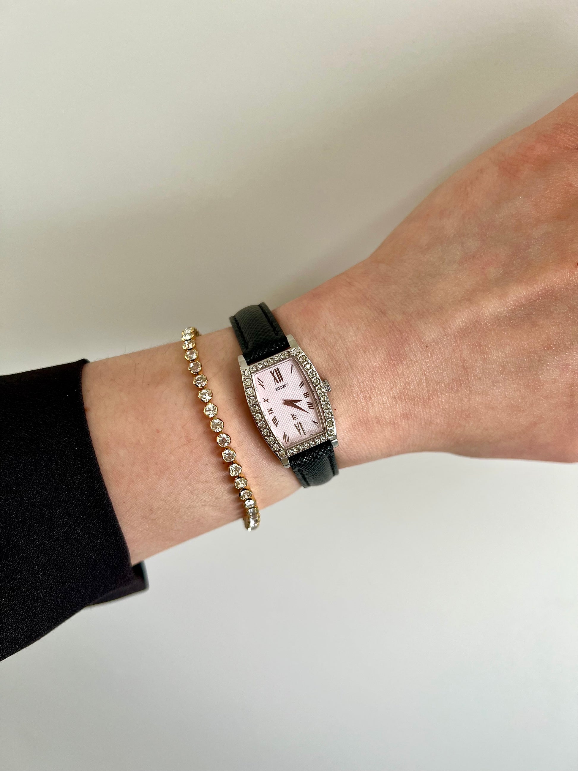 eiko ladies vintage watch with gold square case, champagne dial and black leather strap – elegant women’s Seiko dress watch curated in New Zealand.
