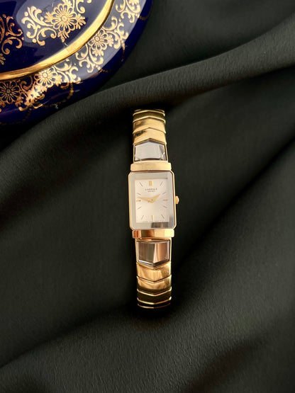 Three-quarter view of the Seiko Lassale 1F20-6C70 gold-tone rectangular bracelet watch