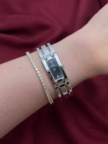 Seiko Lassale Charcoal Dial Silver Bangle Women’s Watch, worn on the wrist.