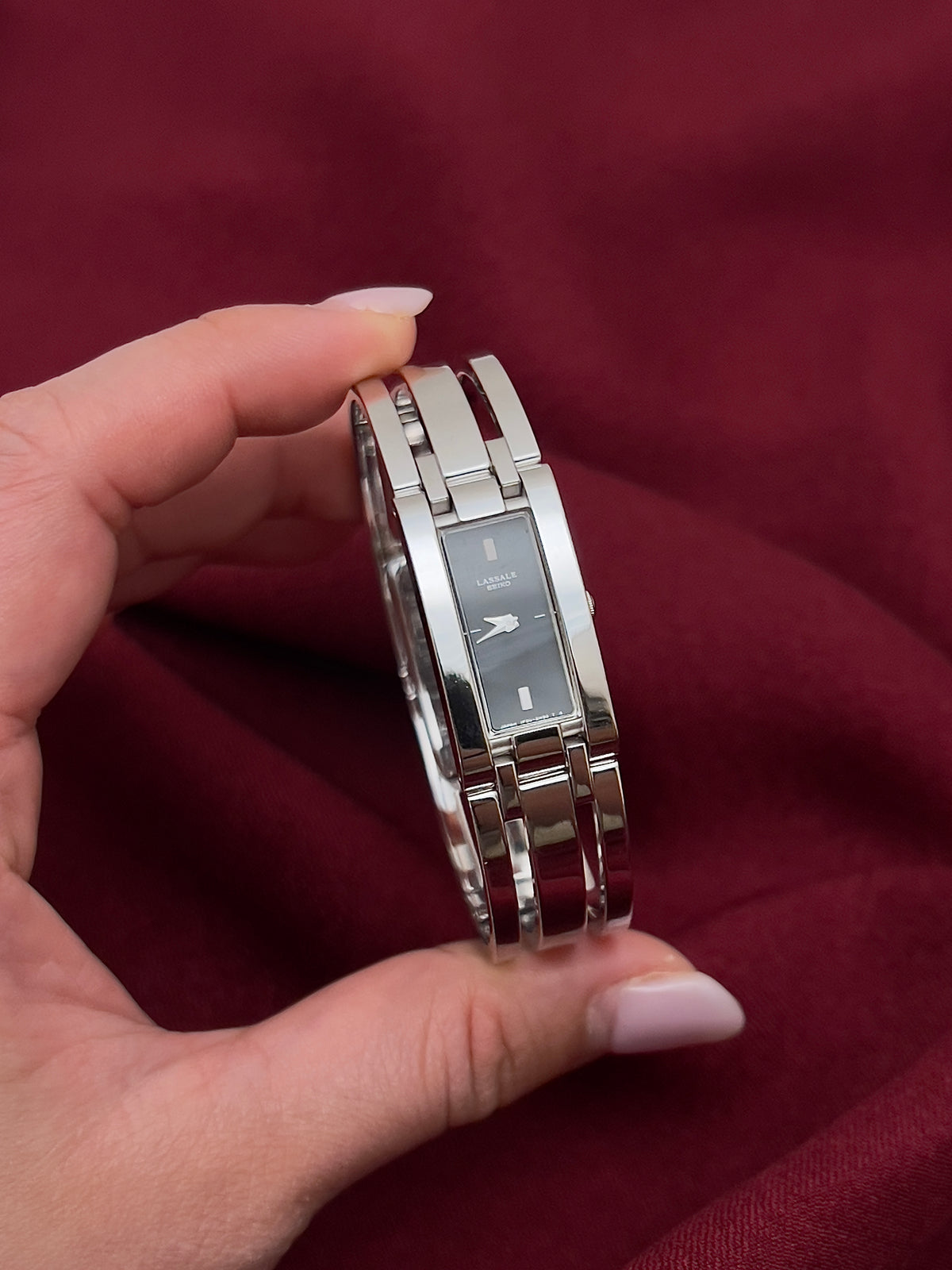 Seiko Lassale Charcoal Dial Silver Bangle Women’s Watch, product view.