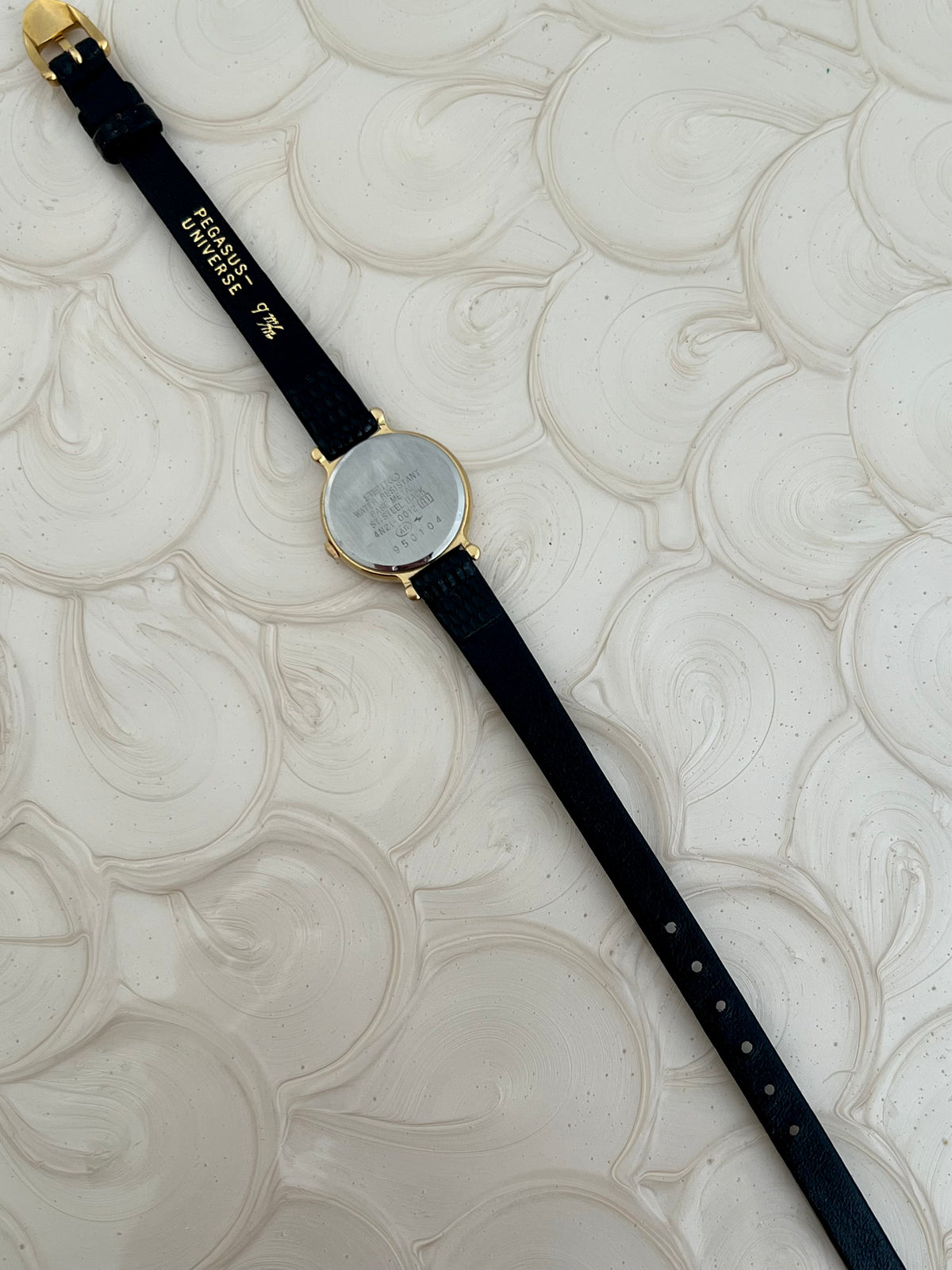 Detail of the new aftermarket black leather strap on the Seiko L'Espoir.