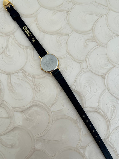 Detail of the new aftermarket black leather strap on the Seiko L'Espoir.