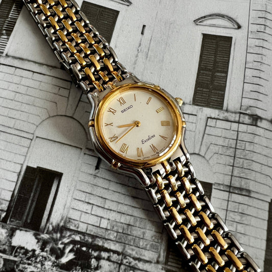 Seiko Exceline Two Tone Woman's Watch, caseback detail of a vintage women's watch at Gilded Hour.