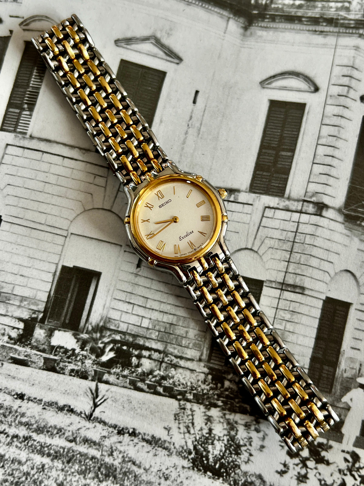 Seiko Exceline Two Tone Woman's Watch, angled view of a vintage women's watch at Gilded Hour.