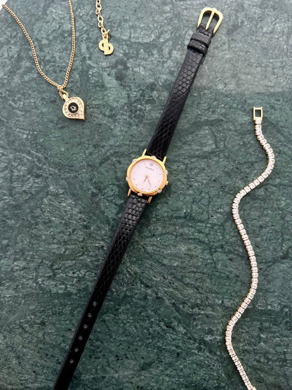 Nina Ricci x Seiko Ladies Gold Watch with Crystal Accents, dial close up of a vintage women's watch at Gilded Hour.