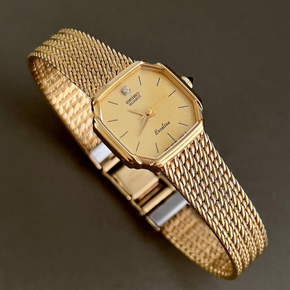 Seiko Octo Gold Toned Woman's Watch, caseback detail of a vintage women's watch at Gilded Hour.