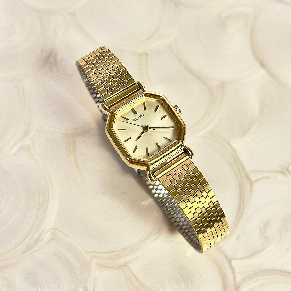Seiko Gold Toned Octagonal Woman's Watch, angled view of a vintage women's watch at Gilded Hour.
