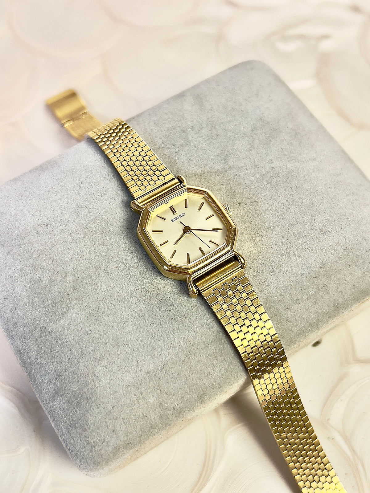 Seiko Gold Toned Octagonal Woman's Watch, wrist shot of a vintage women's watch at Gilded Hour.