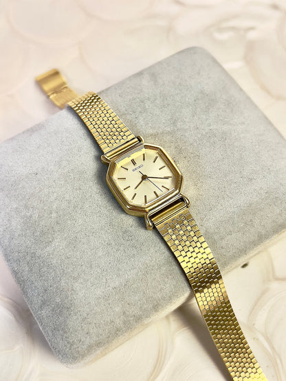 Seiko Gold Toned Octagonal Woman's Watch, wrist shot of a vintage women's watch at Gilded Hour.
