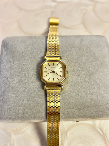 Seiko Gold Toned Octagonal Woman's Watch, dial close up of a vintage women's watch at Gilded Hour.
