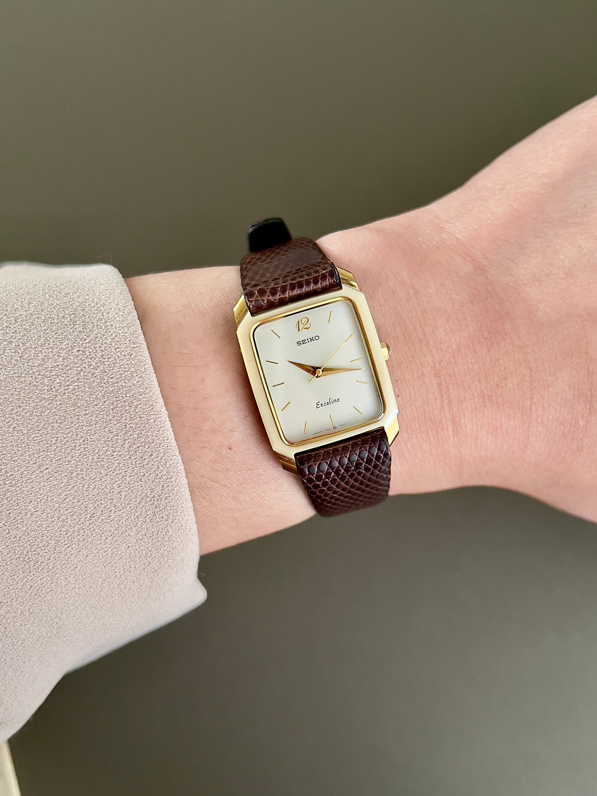Seiko Two Tone Tank Ceramic Case Woman's Watch, front view of a vintage women's watch at Gilded Hour.