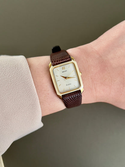 Seiko Two Tone Tank Ceramic Case Woman's Watch, front view of a vintage women's watch at Gilded Hour.