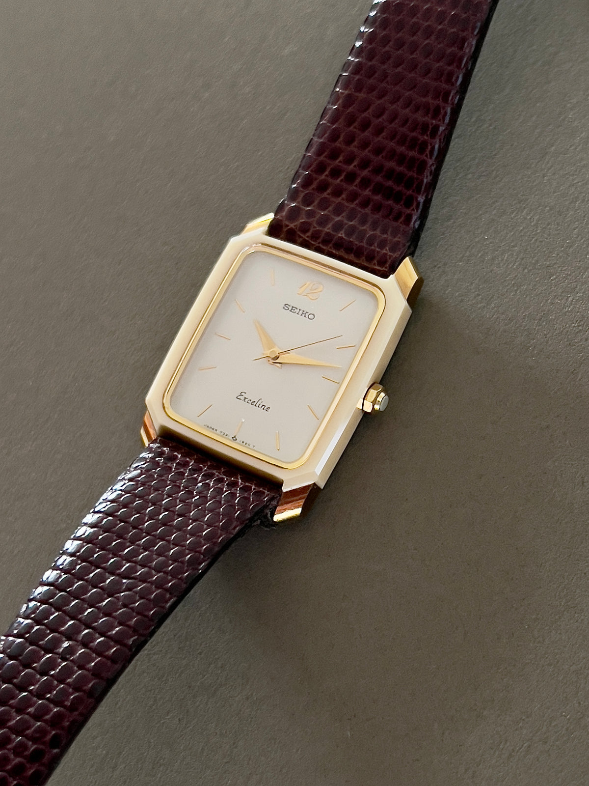 Seiko Two Tone Tank Ceramic Case Woman's Watch, case profile of a vintage women's watch at Gilded Hour.