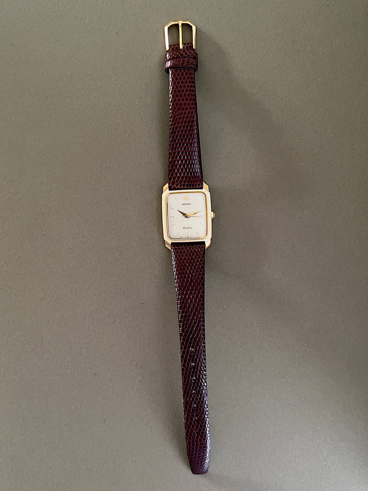 Seiko Two Tone Tank Ceramic Case Woman's Watch, caseback detail of a vintage women's watch at Gilded Hour.