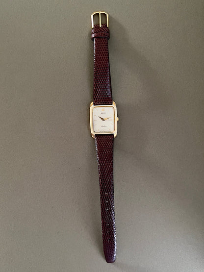 Seiko Two Tone Tank Ceramic Case Woman's Watch, caseback detail of a vintage women's watch at Gilded Hour.
