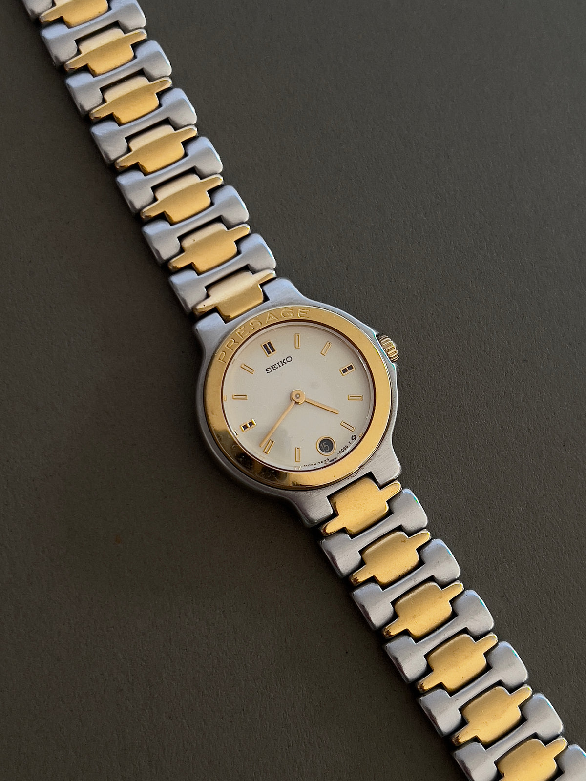 Seiko Presage Date Dial Two Tone Women’s Watch featuring integrated two tone bracelet; vintage watch product image 4.