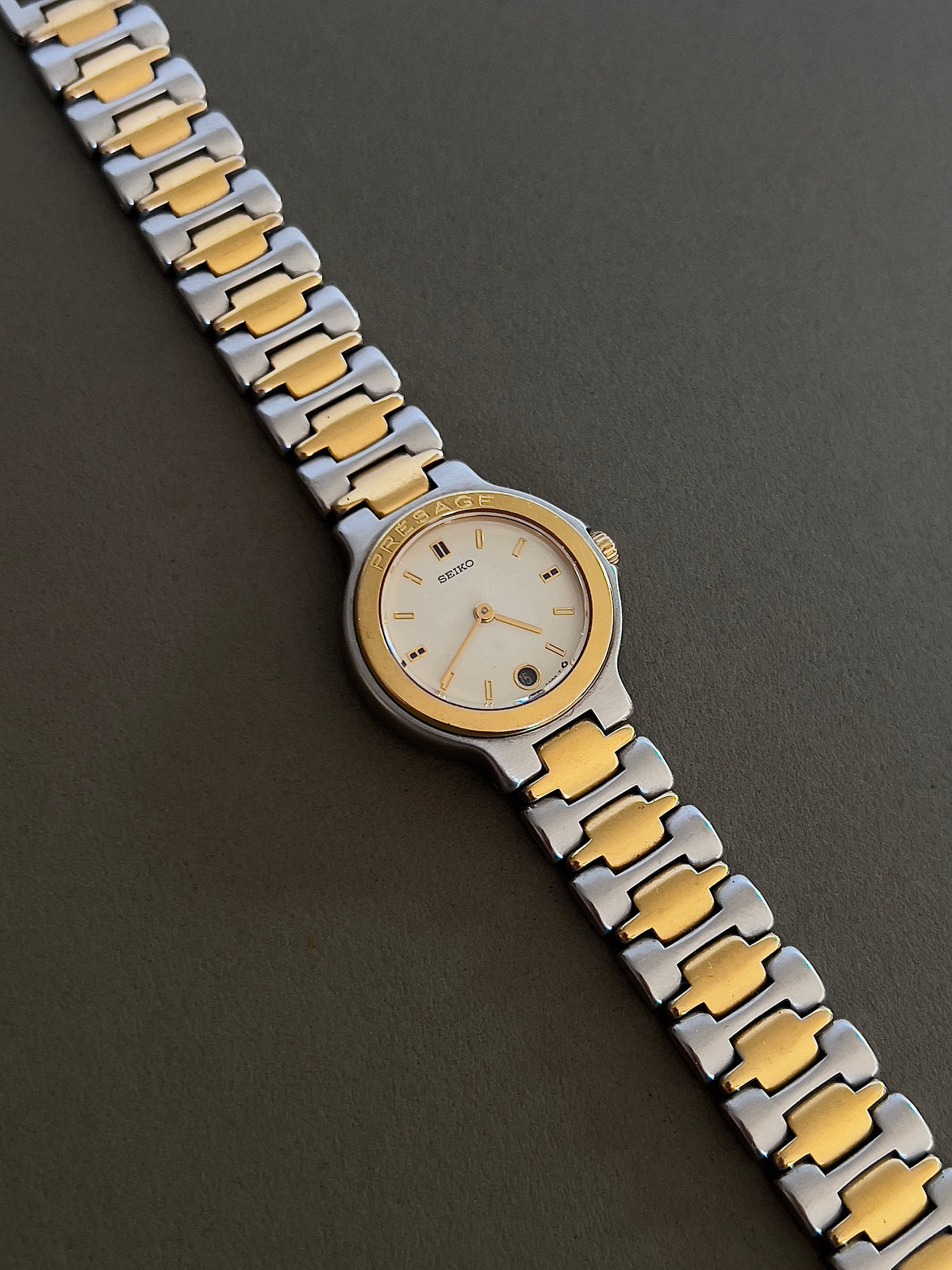 Seiko Presage Date Dial Two Tone Women’s Watch featuring integrated two tone bracelet; vintage watch product image 7.