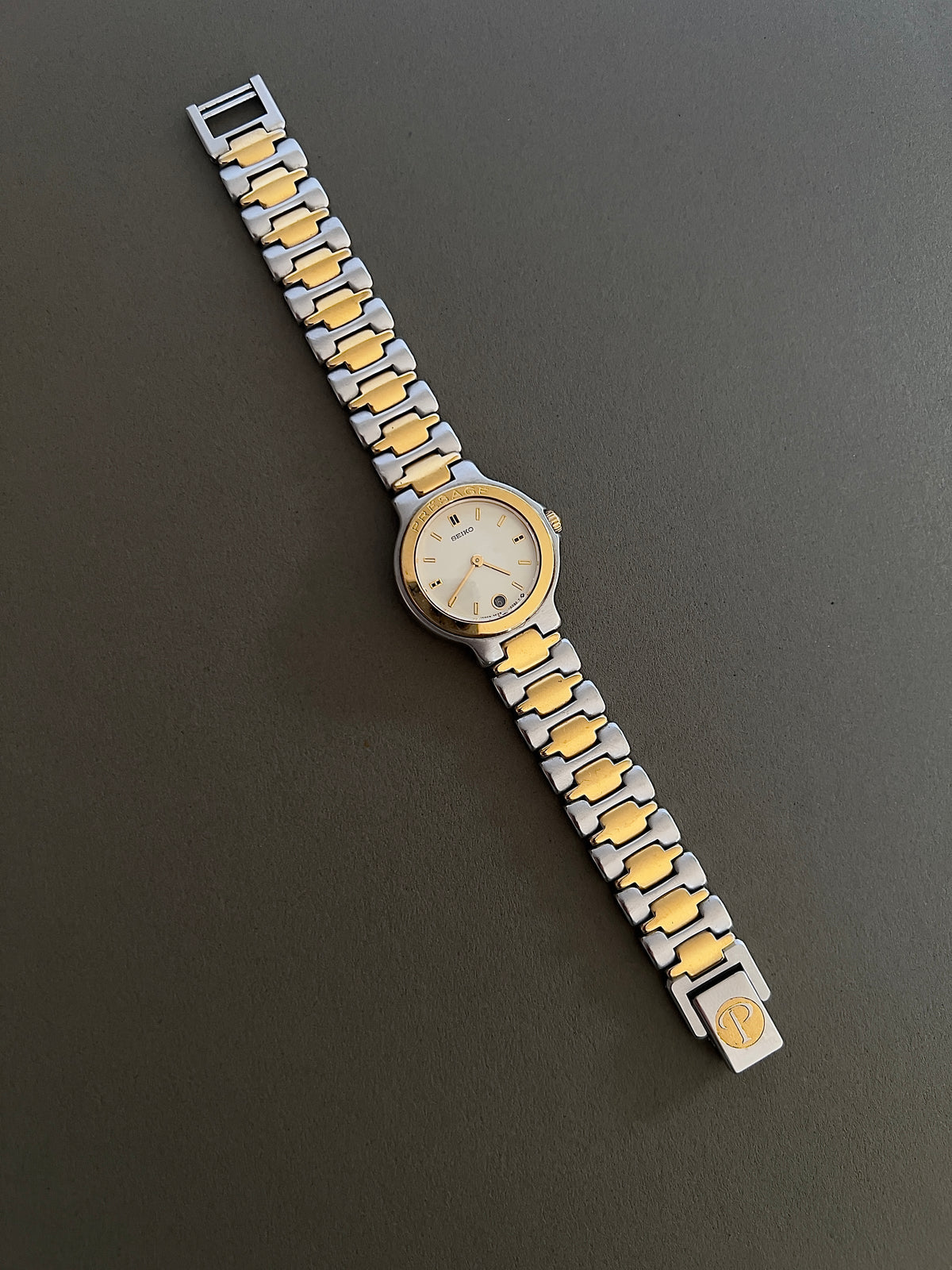 Seiko Presage Date Dial Two Tone Women’s Watch featuring integrated two tone bracelet; vintage watch product image 8.