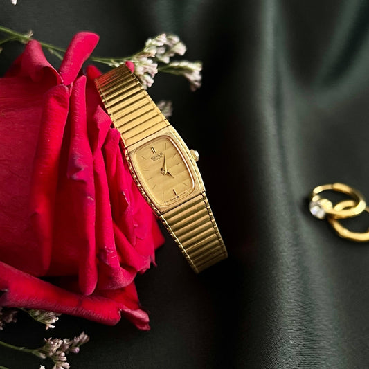 Seiko Rectangular Womens Watch with Gold Integrated Bracelet, product view 1.