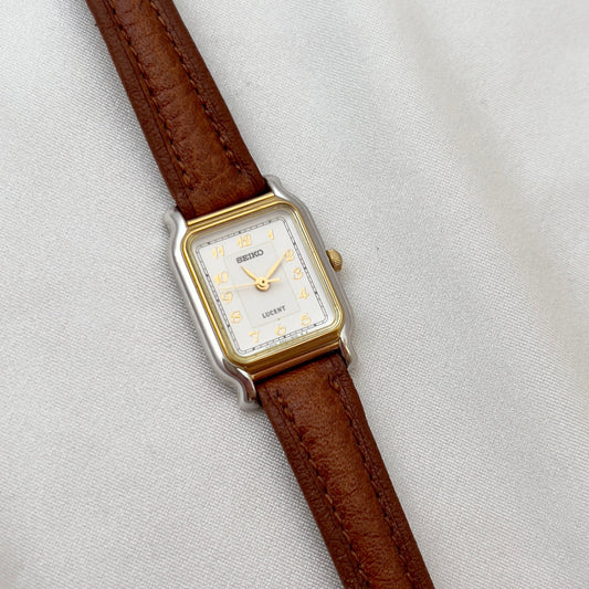 Seiko Exceline Ladies Gold Soft Tank Watch, caseback detail of a vintage women's watch at Gilded Hour.