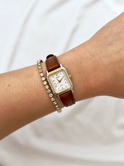 Seiko Exceline Ladies Gold Soft Tank Watch, front view of a vintage women's watch at Gilded Hour.