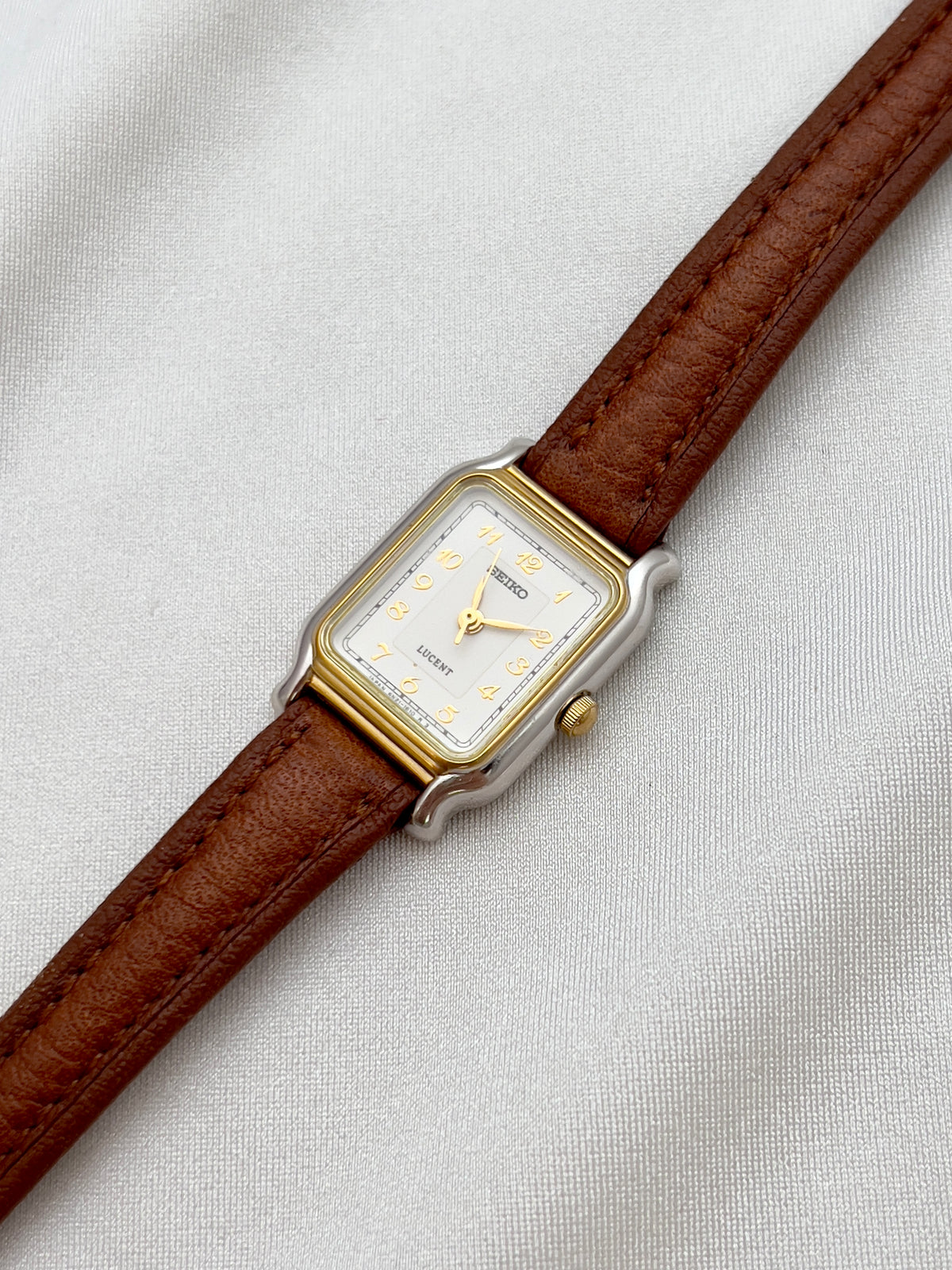 Seiko Exceline Ladies Gold Soft Tank Watch, wrist shot of a vintage women's watch at Gilded Hour.