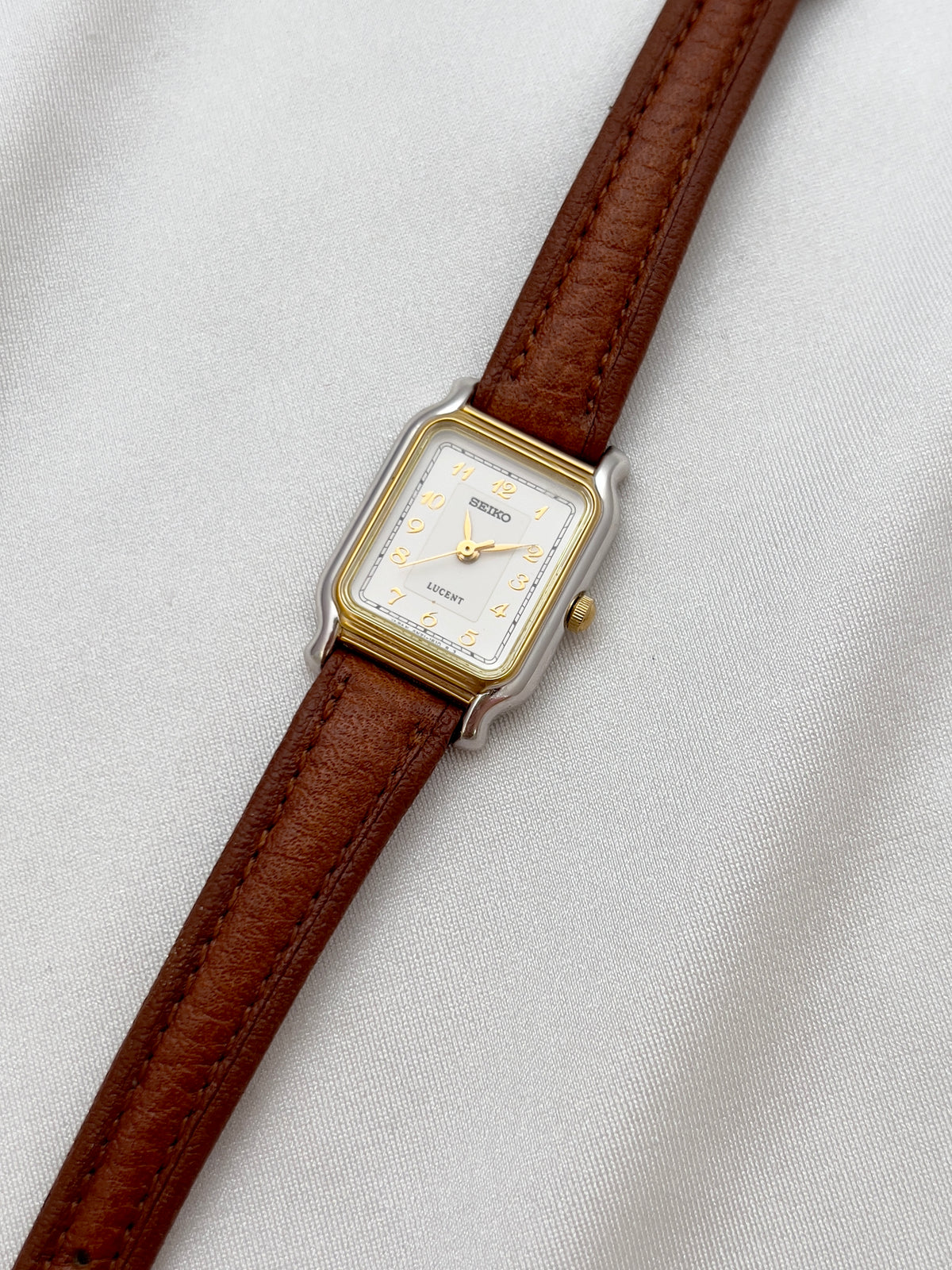 Seiko Exceline Ladies Gold Soft Tank Watch, front view of a vintage women's watch at Gilded Hour.