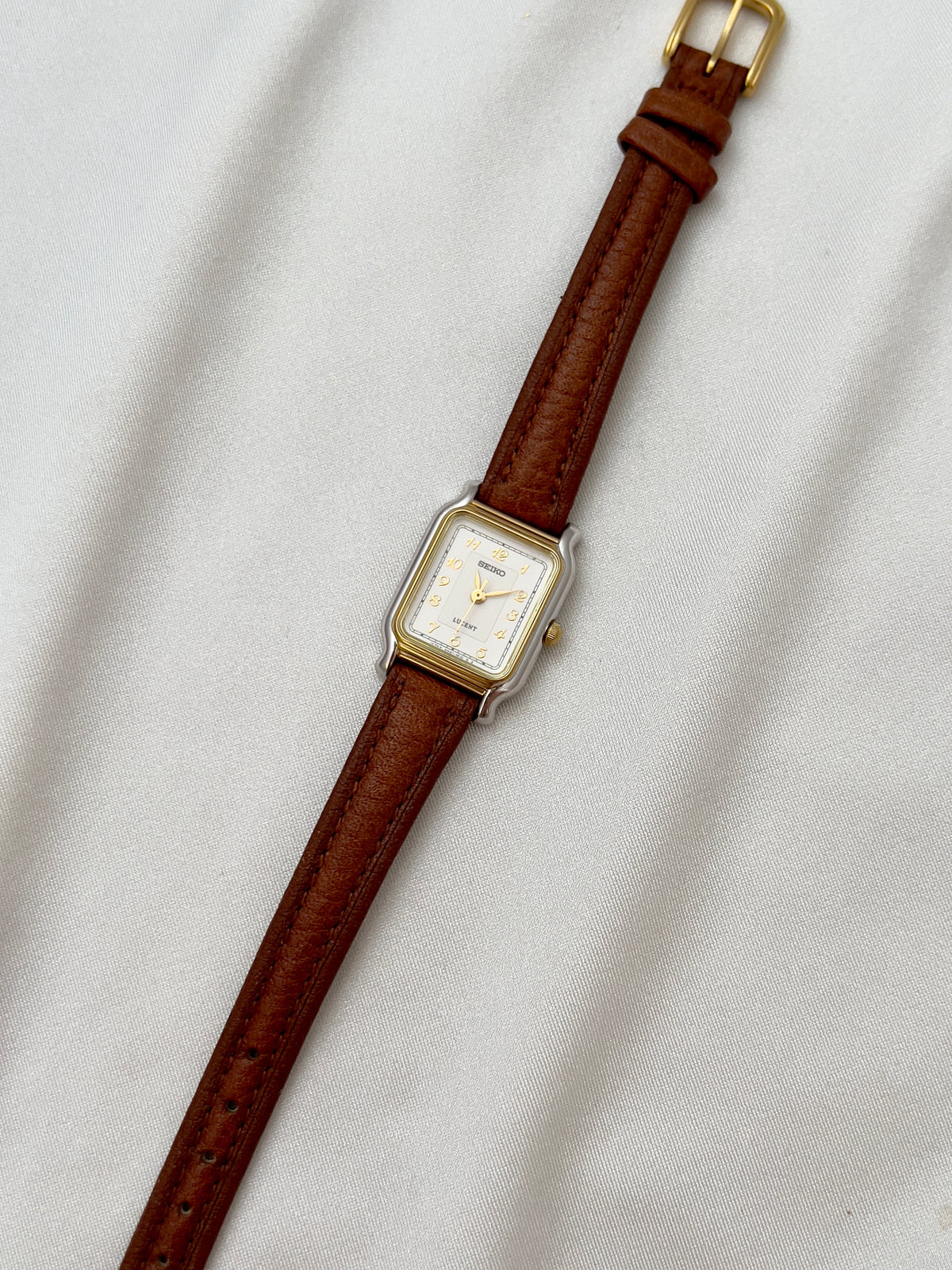 Seiko Exceline Ladies Gold Soft Tank Watch, dial close up of a vintage women's watch at Gilded Hour.