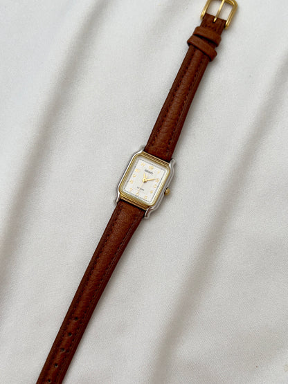 Seiko Exceline Ladies Gold Soft Tank Watch, dial close up of a vintage women's watch at Gilded Hour.