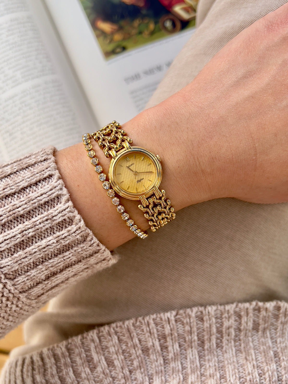 Seiko Belfina Woven Dial Gold Bracelet Women's Watch — product photograph 2, Gilded Hour NZ.