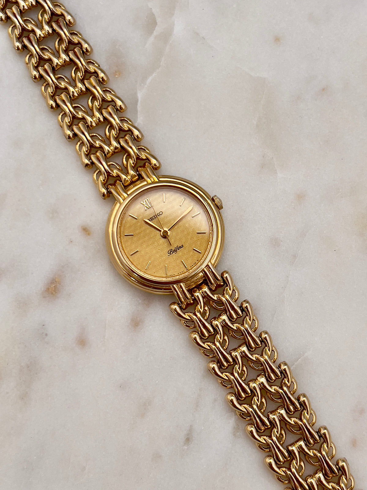 Seiko Belfina Woven Dial Gold Bracelet Women's Watch — product photograph 7, Gilded Hour NZ.