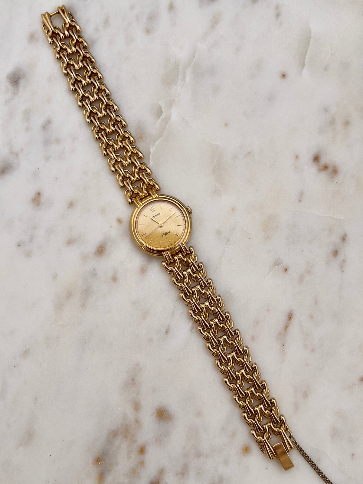 Seiko Belfina Woven Dial Gold Bracelet Women's Watch — product photograph 8, Gilded Hour NZ.