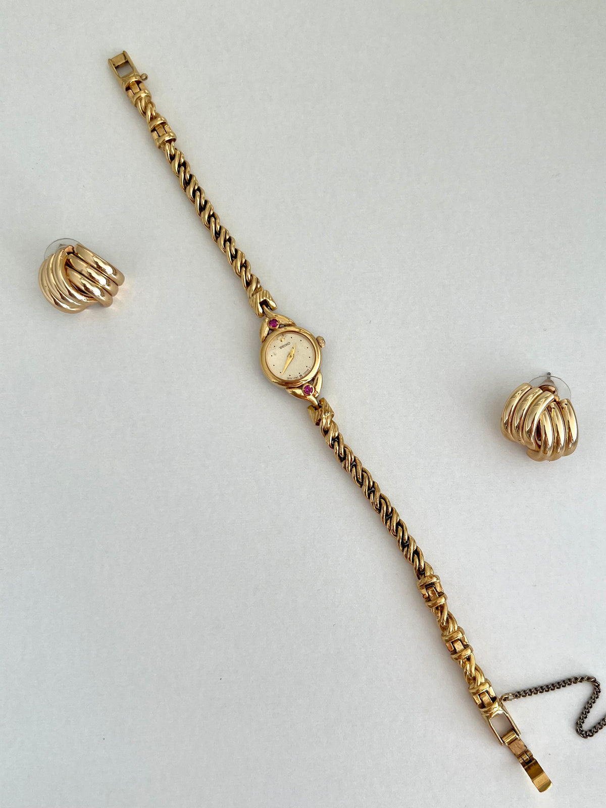 Seiko Tissé Ruby Accent Rope Bracelet Women’s Watch, case profile of a vintage women's watch at Gilded Hour.