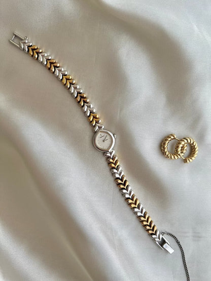 Seiko Silver Teardrop Women’s Watch with Two Tone Leaf Bracelet — full watch with bracelet clasp.