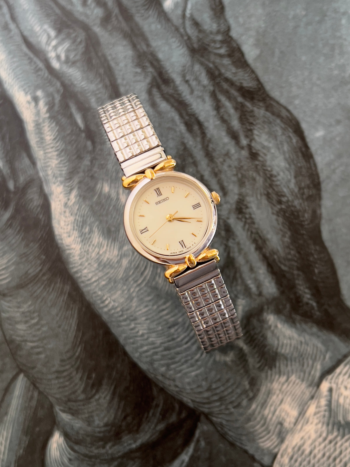 Seiko Two Toned Woman's Watch with Ribbon End Links, vintage women's watch product photo 4 of 5.