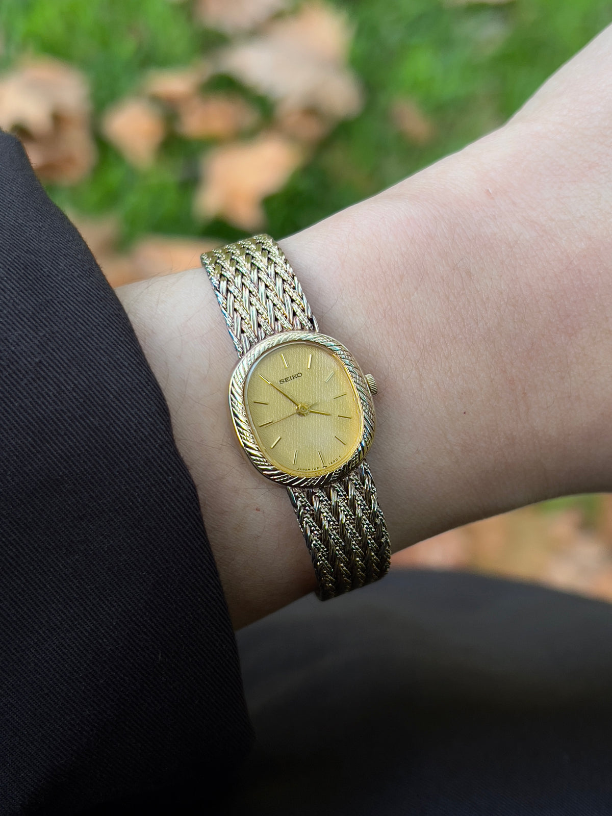 Seiko Gold Toned Oval Watch with a Wreath Textured Case — the watch face shown in a product view.