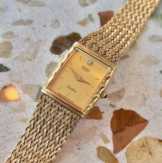 Seiko Tank Vintage Woman's Watch with a Croissant Case, angled view of a vintage women's watch at Gilded Hour.