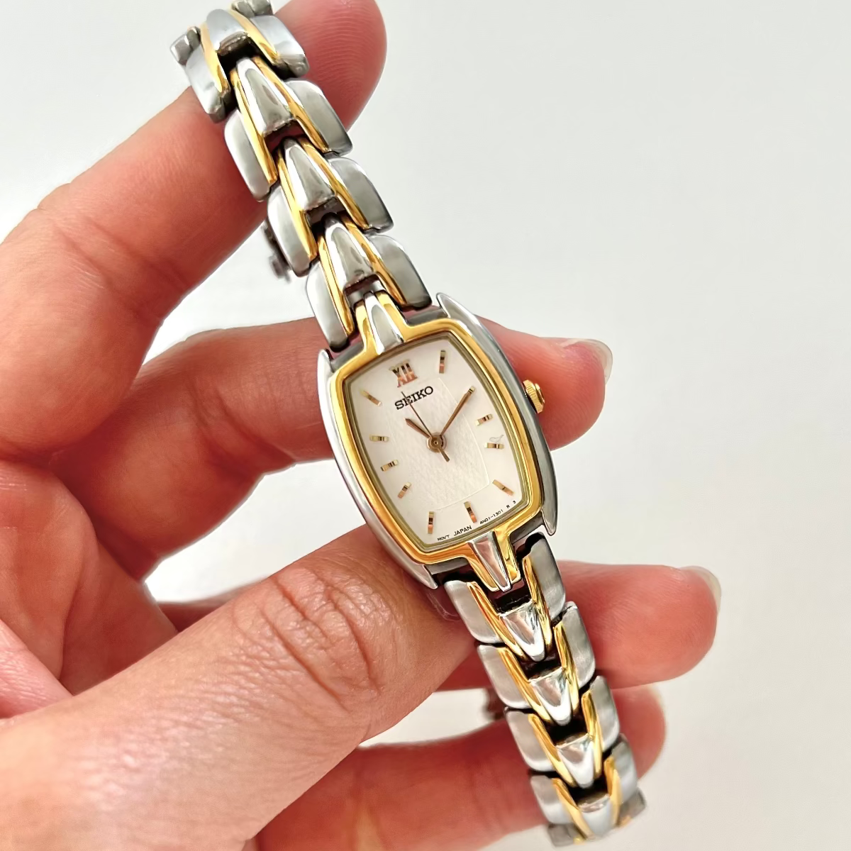 Seiko two-tone tonneau ladies watch, front.